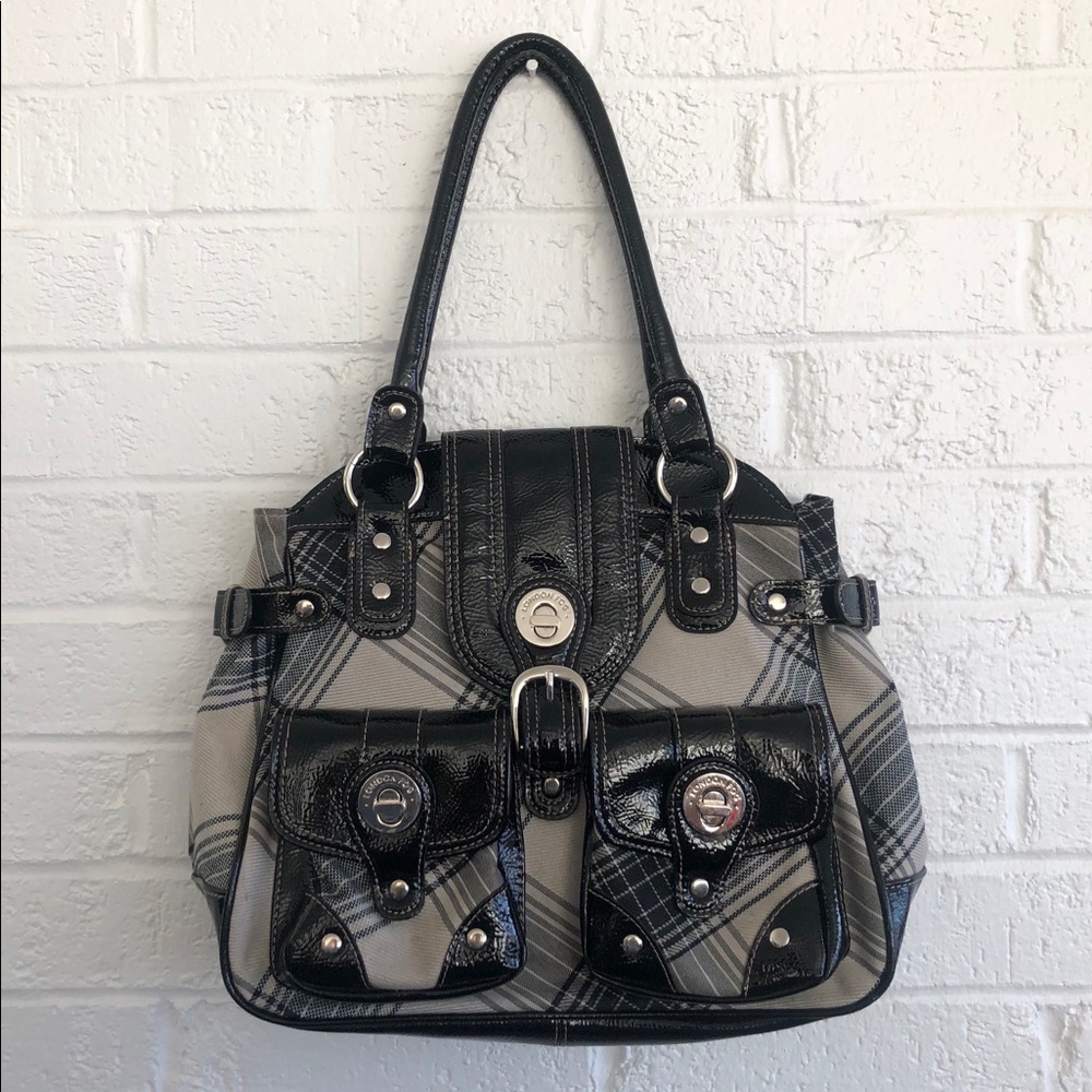 LONDON FOG PLAID PURSE black/gray/cream plaid